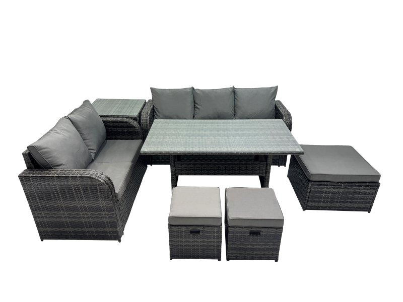 Fimous 8 Seat Outdoor Wicker PE Rattan Garden Furniture Set Dining Table Sofa Sets with 3 Stools Side Table Dark Grey Mixed