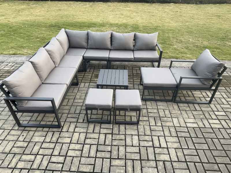 Fimous Aluminium Outdoor Garden Furniture Set Lounge Corner Sofa Square Coffee Table Chair Sets with 3 Footstools Dark Grey