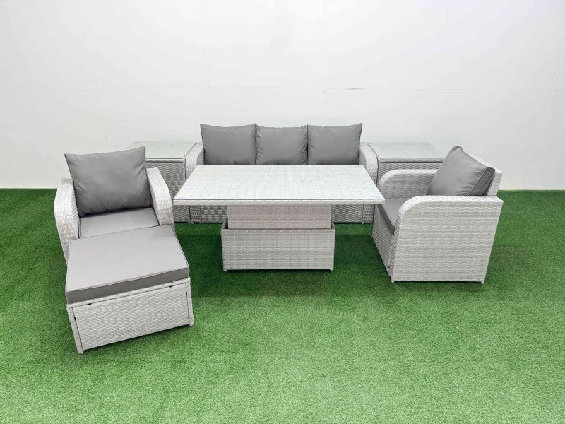 Fimous PE Rattan Garden Furniture Set Reclining Chair Sofa Lounge Sofa Set Adjustable Lifting Dining or Coffee Table 2 Side Table Big Footstool Light Grey