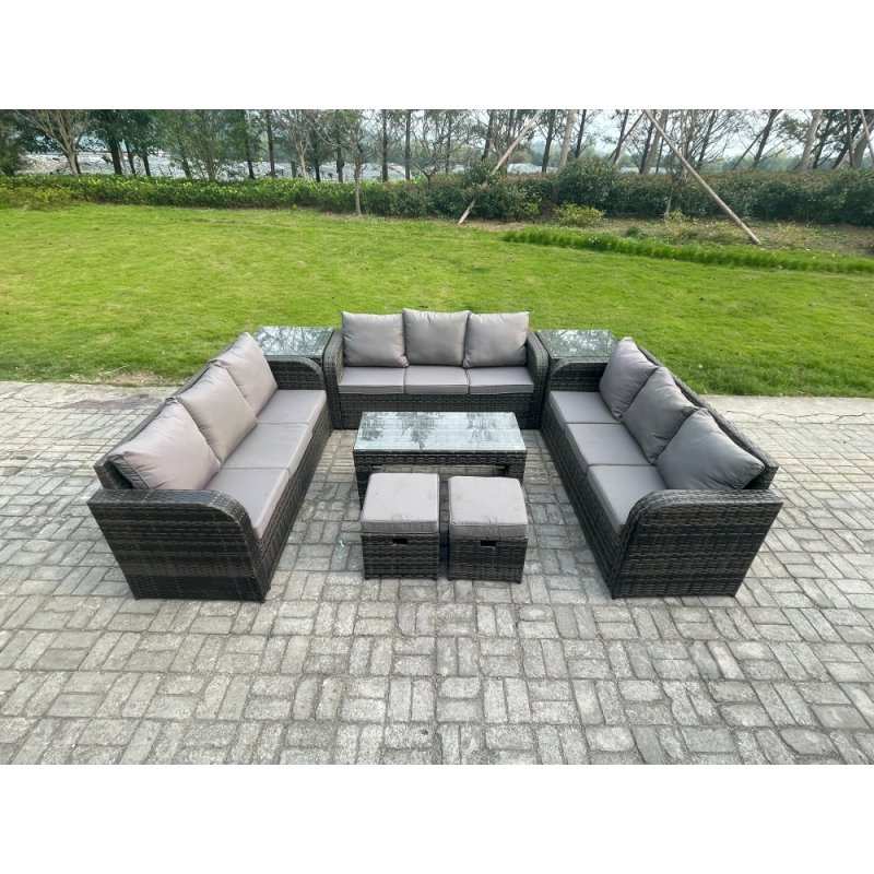 Fimous Rattan Garden Furniture Set 11 Seater Indoor Outdoor Patio Sofa Set with Coffee Table 2 Small Footstools 2 Side Tables Dark Grey Mixed