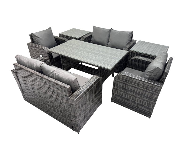 Fimous 6 Seat Outdoor Wicker PE Rattan Garden Furniture Set Dining Table Sofa Sets with 2 Side Tables Dark Grey Mixed