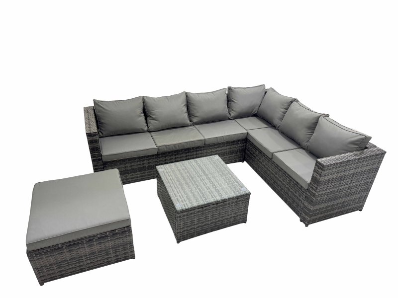 Fimous Outdoor PE Rattan Garden Furniture Sofa Set with Square Coffee Table Big Stool Dark Grey
