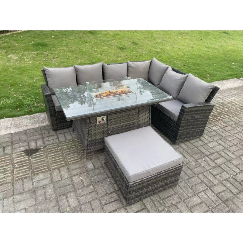 Fimous 7 Seater?Outdoor High Back Rattan Gas Fire Pit Corner Sofa Dining Set Garden Furniture Heater Dining Table Dark Grey Mixed Right Side