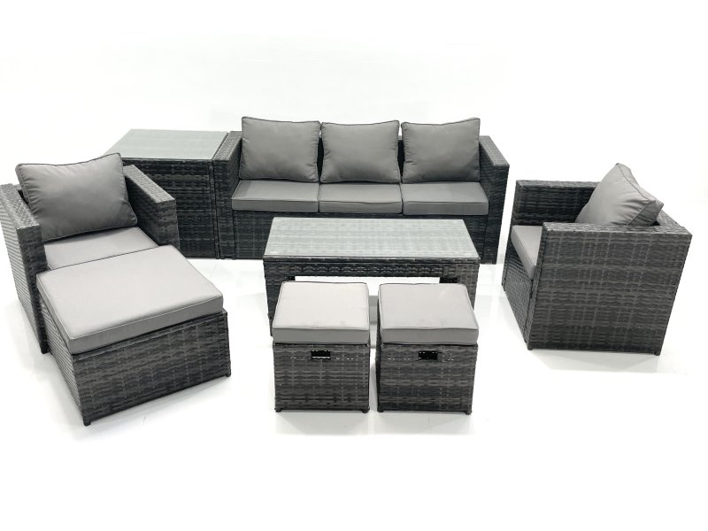 Fimous 8 Seater Rattan Garden Furniture Set Outdoor Lounger Sofa with Coffee Table 2 Armchair 3 Footstools Side Table Dark Grey Mixed