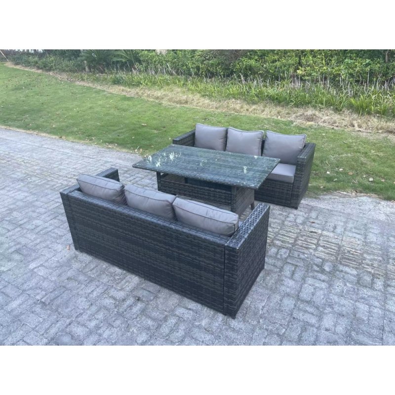 Fimous PE Wicker Outdoor Garden Furniture Set Patio Rattan Rectangular Dining Table Lounge Sofa 6 Seater Dark Grey Mixed