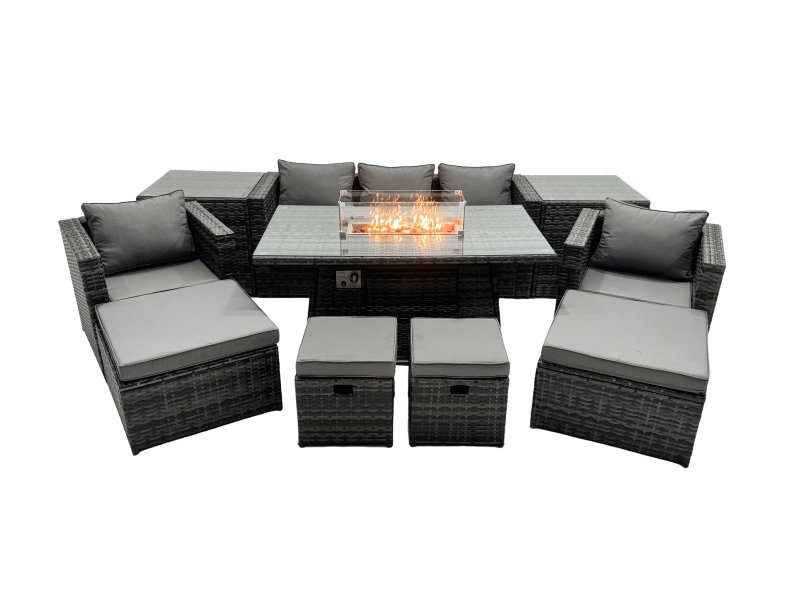 Fimous Rattan Garden Furniture Firepit Dining Set 9 Seater Lounge Sofa Table Set with 2 side table 4 Footstool