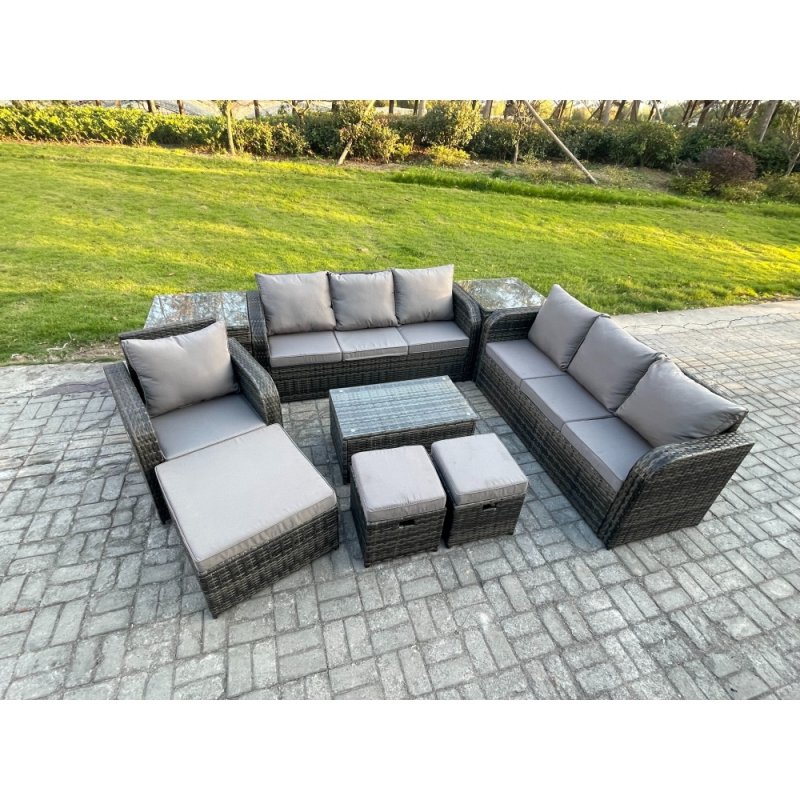 Fimous 10 Seater Rattan Lounge Sofa Set Outdoor Garden Furniture Set with Rectangular Coffee Table 3 Seater Sofa 3 Footstools 2 Side Tables Dark Grey Mixed