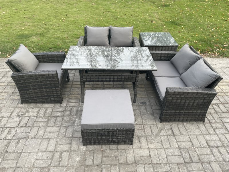 Fimous 6 Seater Wicker Rattan Garden Dining Set Outdoor Furniture Sofa with Dining Table Double Seat Sofa Big Footstool Side Table Dark Grey Mixed