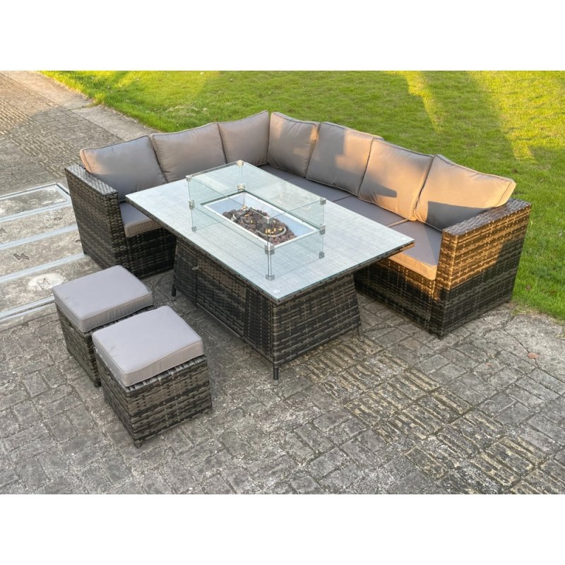 Fimous Outdoor Rattan Garden Corner Furniture Gas Fire Pit Table Sets Gas Heater Lounge Small Footstools Dark Grey 8 Seater