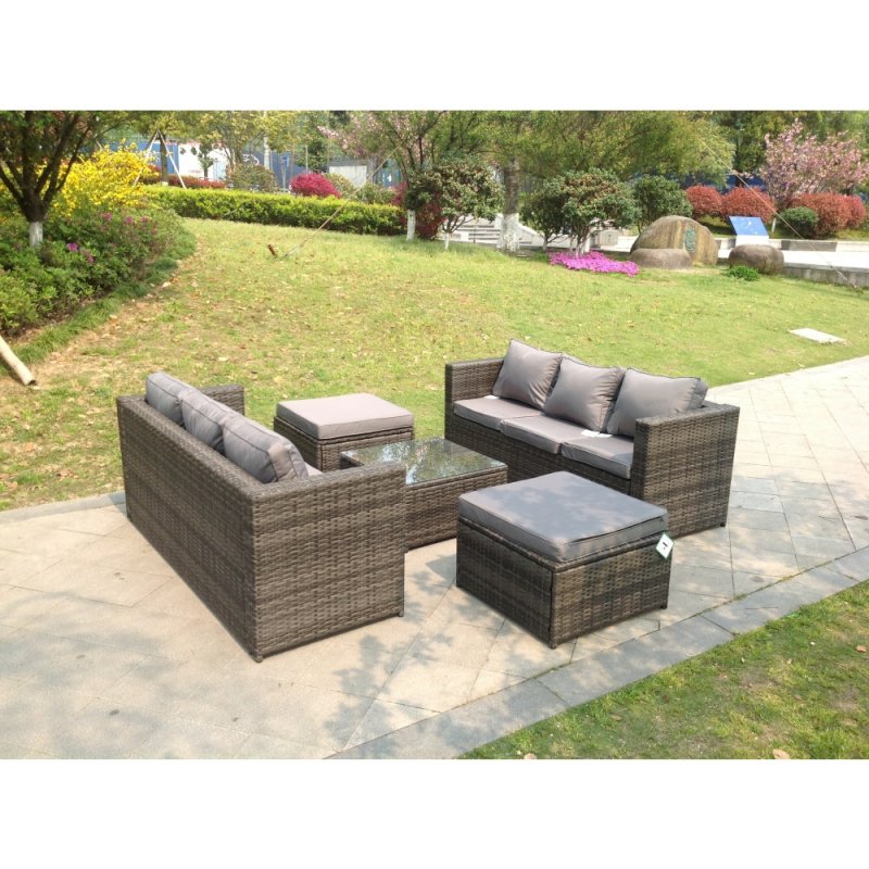 Fimous Rattan Garden Furniture Sets With 3 Seater Sofa Square Coffee Table And 2 PC Big Footstools