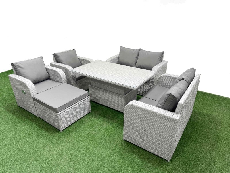 Fimous 7 Seater Outdoor Reclining Chair Love Sofa Set Rattan Garden Furniture Set with Adjustable Lifting Dining or Coffee Table Footstool Light Grey