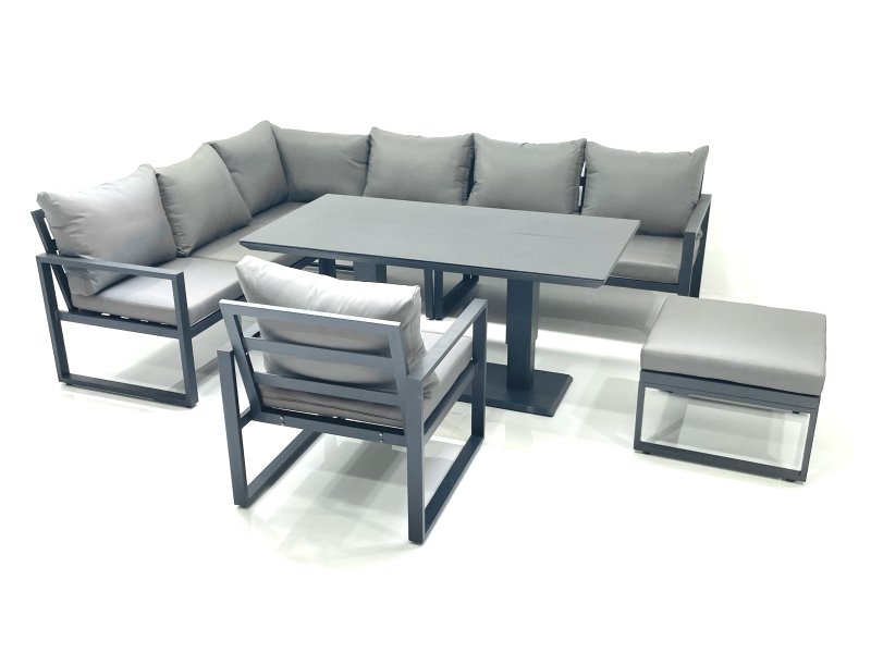 Fimous Aluminum Outdoor Garden Furniture Set Corner Sofa Big Footstool Chair Adjustable Rising Lifting Dining Table Sets Dark Grey