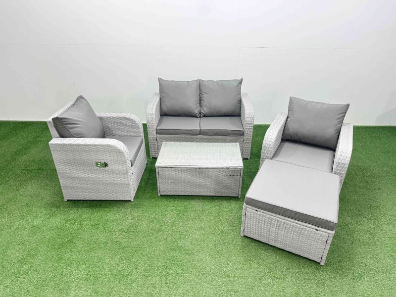 Fimous Light Grey PE Wicker Rattan Garden Furniture Set Sofa Set Reclining Adjustable Chair Rectangular Coffee Table 5 Seater With Footstool