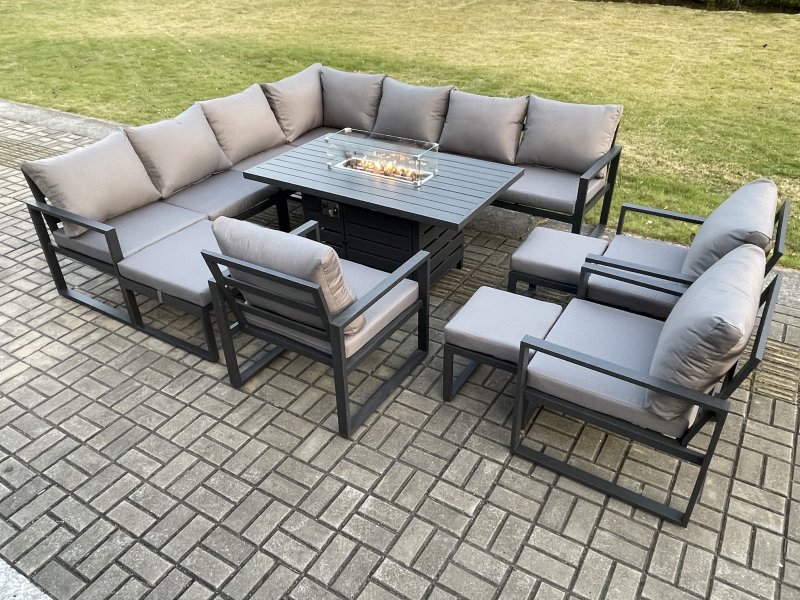 Fimous Aluminium Lounge Corner Sofa Outdoor Garden Furniture Sets Gas Fire Pit Dining Table Set with 3 Chairs 3 Footstools Dark Grey
