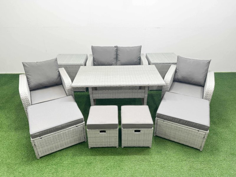 Fimous PE Rattan Lounge Sofa Set 8 Seater Outdoor Garden Furniture Set with Dining Table Love Sofa 2 Big Footstools Light Grey
