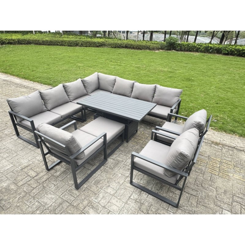 Fimous 10 Seater Aluminium Sofa Set 9 Pieces Outdoor Garden Furniture - Rising Dining Table with Cushions Big Footstool 2 Chair Footstool Dark Grey