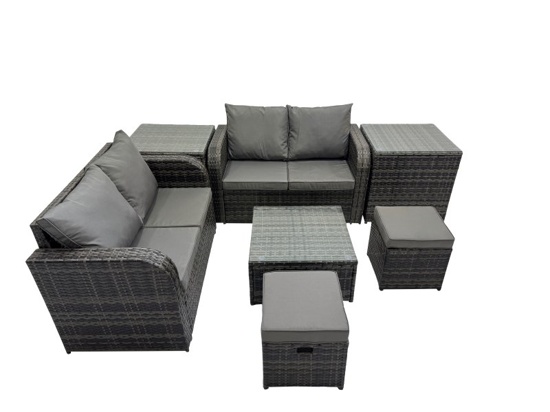 Fimous Rattan Garden Outdoor Furniture Set Love Sofa Square Coffee Table Set with 2 Side Tables 2 Small Stools Dark Grey Mixed
