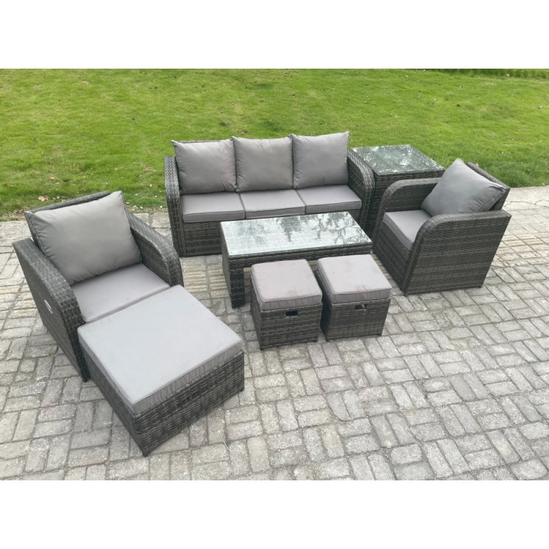 Fimous 8 Seater Rattan Garden Furniture Set with Rectangular Coffee Table Side Table 3 Footstools Patio Outdoor Lounge Sofa Set