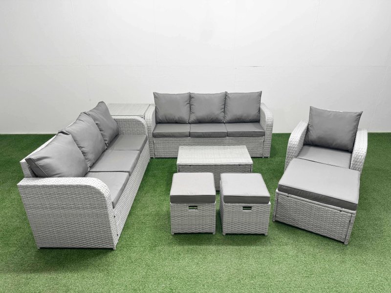 Fimous 10 Seater Poly Rattan Outdoor Garden Furniture Sofa Set Patio 3 Seater Sofa Reclining Chair 3 Seater Sofa 3 Stools Side Table Light Grey