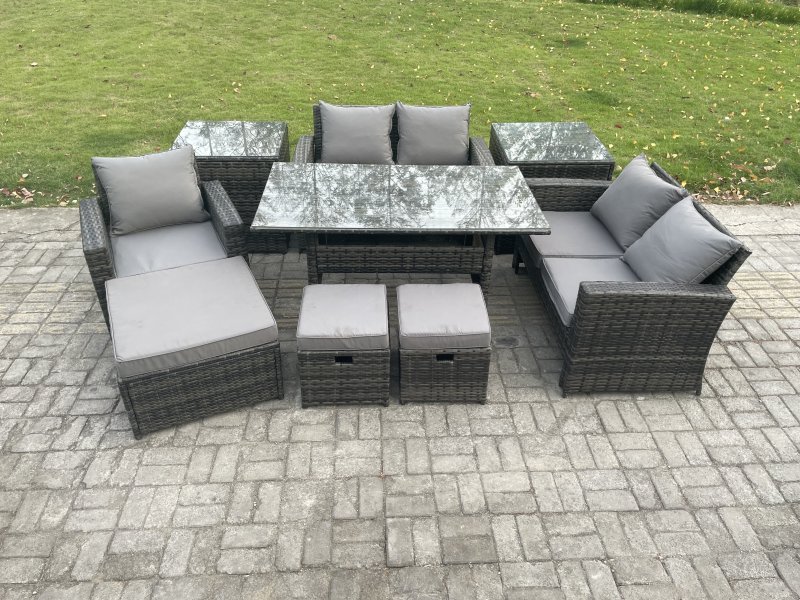 Fimous Outdoor Garden Dining Set Wicker PE Rattan Furniture Sofa with Rectangular Dining Table Double Seat Sofa 2 Side Tables 3 Footstools Dark Grey Mixed
