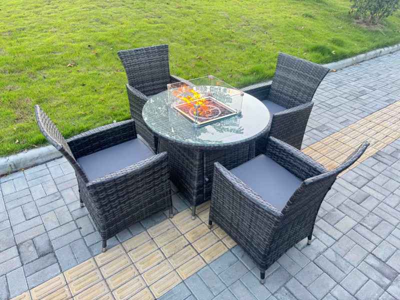 Fimous 5-Piece PE Rattan Garden Furniture with Big Round Gas Firepit Table and 6 Chairs for Patio Dark Grey Mixed