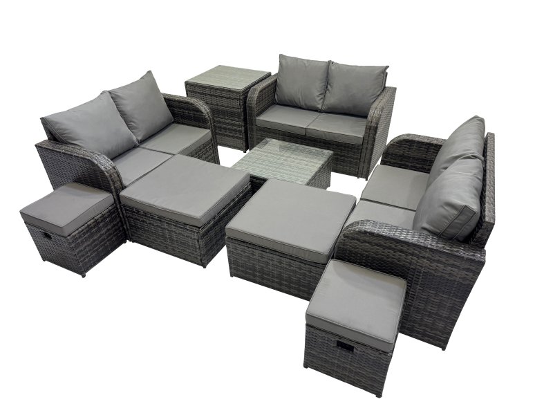 Fimous Rattan Garden Outdoor Furniture Set Love Sofa Square Coffee Table Set with 4 Stools Side Table Dark Grey Mixed