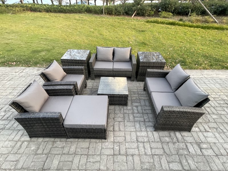 Fimous Rattan Garden Furniture Set Patio Outdoor Lounge Sofa Set with Square Coffee Table Double Seat Sofa 2 Side Tables Big Footstool Dark Grey Mixed