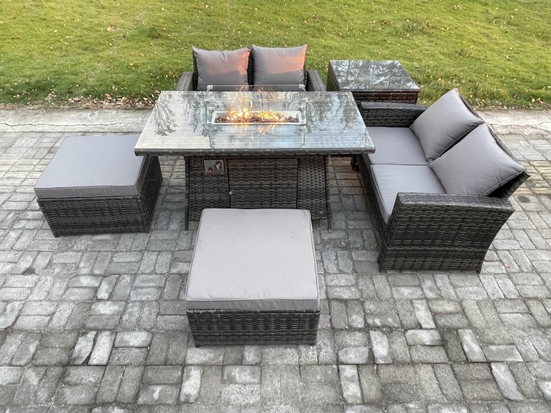 Fimous 6 Seater Rattan Garden Furniture Set Outdoor Lounge Sofa Chair Gas Fire Pit Dining Table Set With 2 Big Footstool Double Seat Sofa Side Table