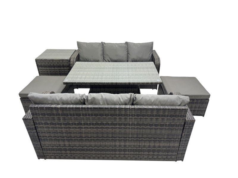 Fimous Rattan Garden Furniture Dining Set 8-seater Patio Height Adjustable Rising Lifting Table Sofa Set with Side Table 2 Big Footstool Dark Grey Mixed