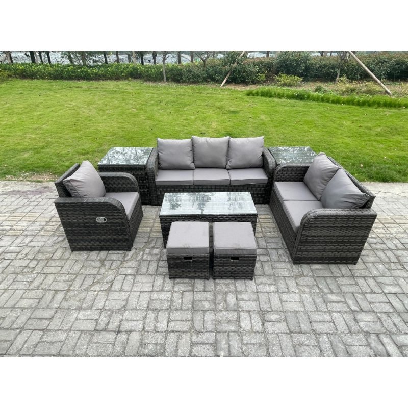 Fimous High Back Rattan Garden Furniture Set with Loveseat Sofa Rectangular Coffee Table 2 Side Tables 2 Small Footstools Indoor Outdoor Patio Lounge Sofa Set Dark Grey Mixed