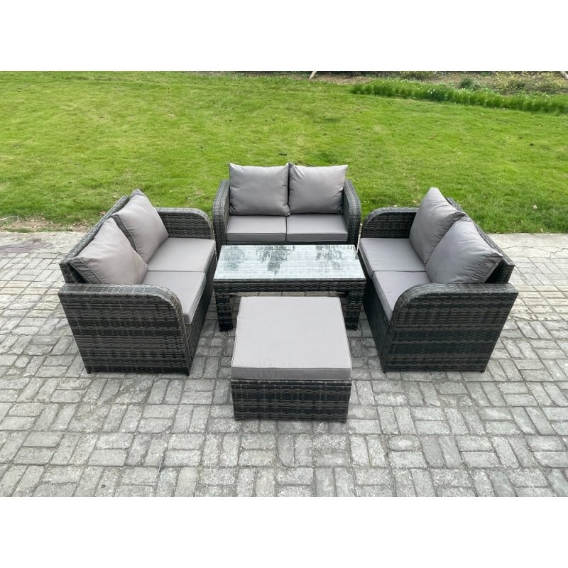 Fimous Rattan Garden Furniture Set 7 Seater Indoor Outdoor Patio Sofa Set with Coffee Table Loveseat Sofa Big Footstool Dark Grey Mixed