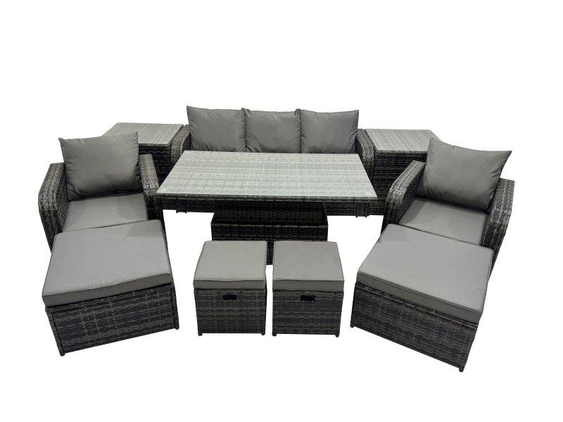 Fimous Rattan Garden Furniture Dining Set 8-seater Patio Height Adjustable Rising Lifting Table Sofa Set with 2 Side Table 2 Big Footstool Dark Grey Mixed