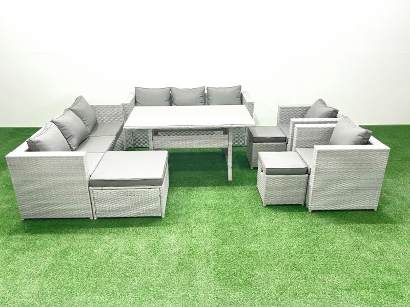 Fimous Rattan Garden Furniture Set Outdoor 8 Seater Patio Dinin g Sofa Sets with Dining Table 2 Chairs 3 Footstools Light Grey Mixed