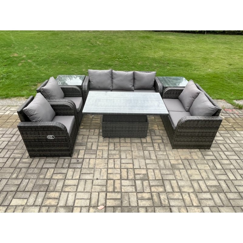 Fimous Wicker PE Rattan Outdoor Garden Furniture Sets Height Adjustable Rising lifting Dining Table Reclining Chair Sofa Set with 2 Side Tables Dark Grey Mixed