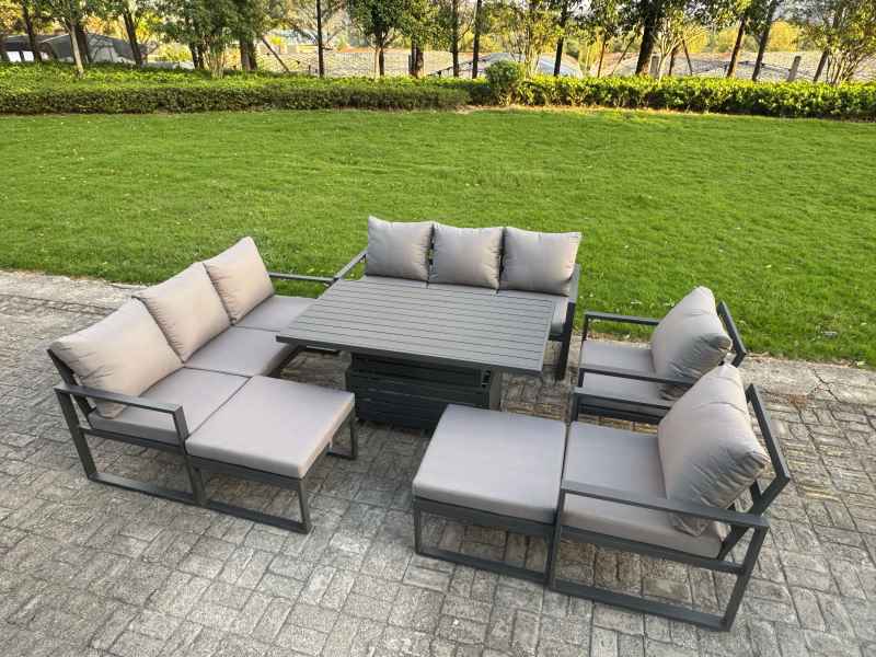 Fimous 9 Piece Garden Furniture Set 10-Seater Aluminium Outdoor Dining Set with Adjustable Rising Lifting Dining Table & Cushions 2 Side Tables Dark Grey