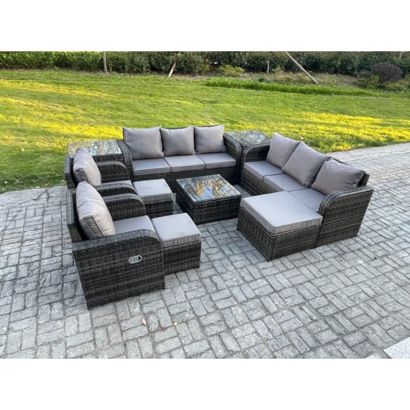 Fimous High Back Rattan Garden Furniture Set with Square Coffee Table 3 Footstools 2 Side Tables Indoor Outdoor Patio Lounge Sofa Set Dark Grey Mixed