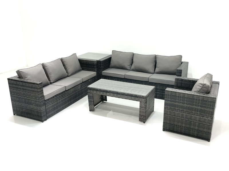 Fimous 7 Seater Rattan Garden Furniture Set Outdoor Lounger Sofa with Coffee Table Armchair Side Table Dark Grey Mixed