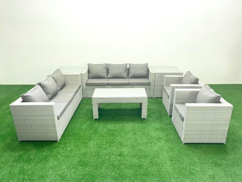 Fimous Outdoor Garden Furniture Rattan Sofa Set with 2 Armchairs Oblong Coffee Table 2 Side Tables Light Grey Mixed