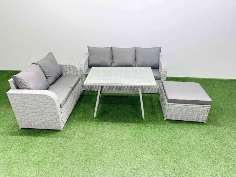 Fimous Outdoor PE Rattan Garden Furniture Set Rectangular Dining Table Sofa Set with Big Stool Light Grey
