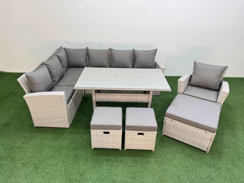 Fimous 10 Seater Rattan Garden Furniture Set Outdoor Patio Dining Corner Sofa Sets with Dining Table Chair 3 Footstools Light Grey Mixed