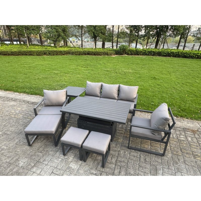 Fimous Aluminium Garden Furniture Sets 8 Seater Outdoor Sofa Set with Adjustable Rising Lifting Dining Table 2 Chairs 3 Footstools