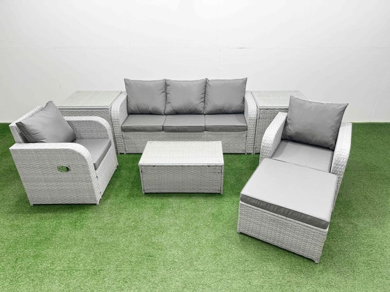 Fimous PE Rattan Garden Furniture Set Reclining Chair Sofa Lounge Sofa Set Oblong Coffee Table 2 Side Table Big Footstool Light Grey
