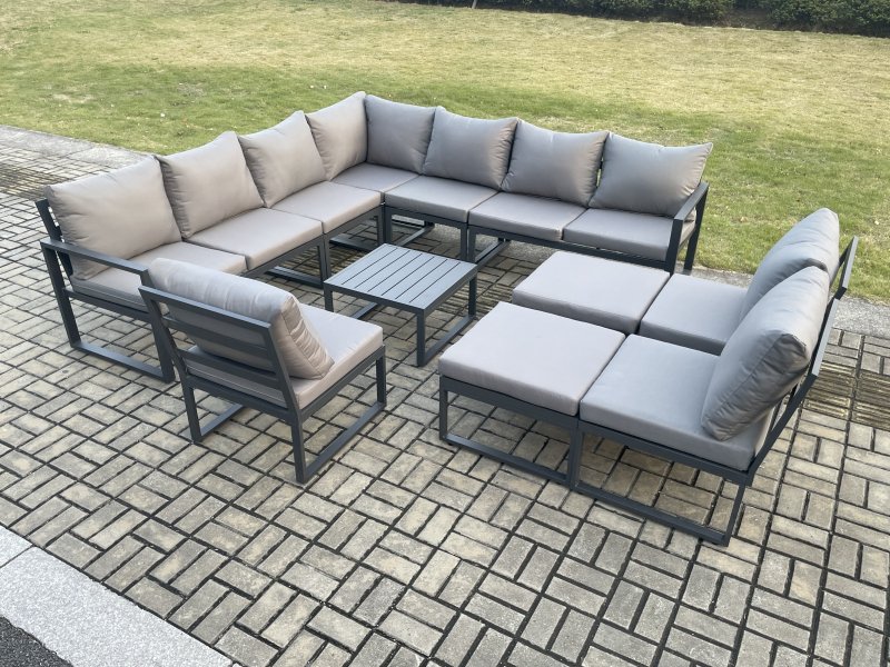 Fimous 12 Seater Outdoor Aluminium Garden Furniture Set Corner Lounge Sofa Set with Square Coffee Table 2 Big Footstools Dark Grey