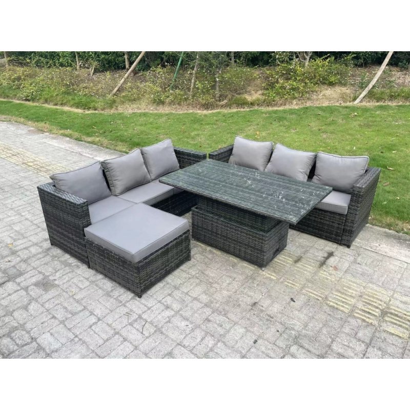 Fimous 7 Seater Wicker PE Rattan Garden Furniture Sofa Set Outdoor Adjustable Rising Lifting Dining Table Set with Big Footstool Dark Grey Mixed