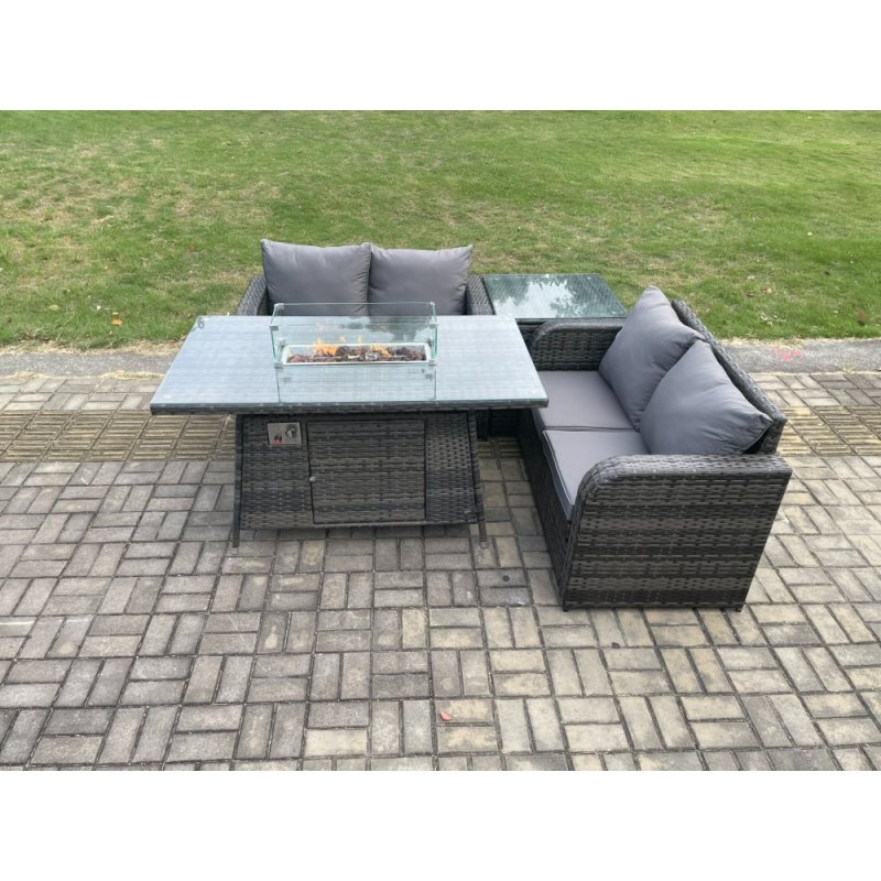 Fimous Rattan Garden Furniture Set with Gas Fire Pit Table 4 Pieces Outdoor Loveseat Sofa Set Dark Grey Mixed