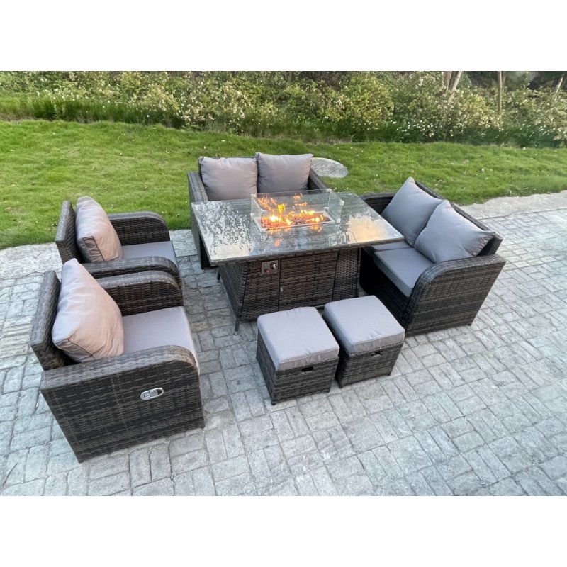 Fimous Outdoor Rattan Garden Furniture High Back Sofa Set Fire Pit Dining Table Gas Heater 2 Recling Chairs 2 Seater Love Sofa Footstools 8 Seater