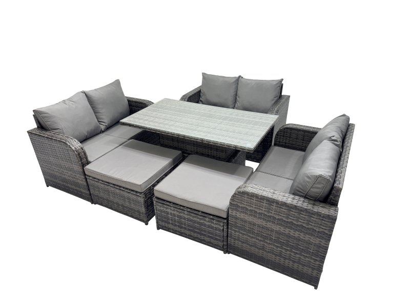 Fimous 8-seater Patio Height Adjustable Rising Lifting Table Sofa Sets Rattan Garden Furniture Dining Set with 2 Big Stools Dark Grey Mixed