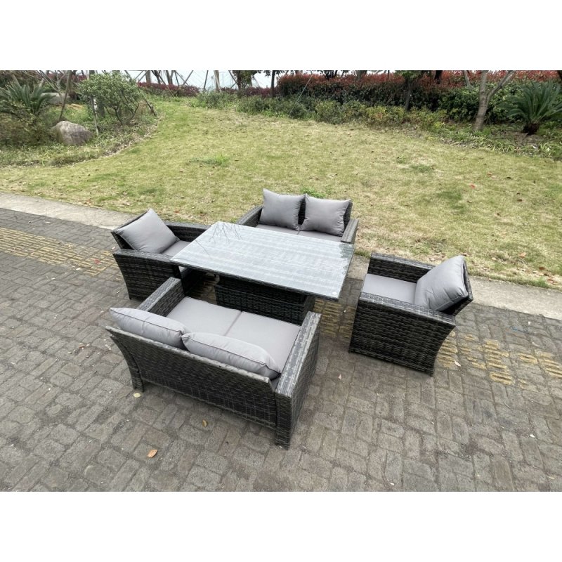 Fimous Rattan Outdoor Furniture Adjustable Rising Lifting Rectangle Dining Table Chairs Two Seater Love Sofa Sets 6 Seater