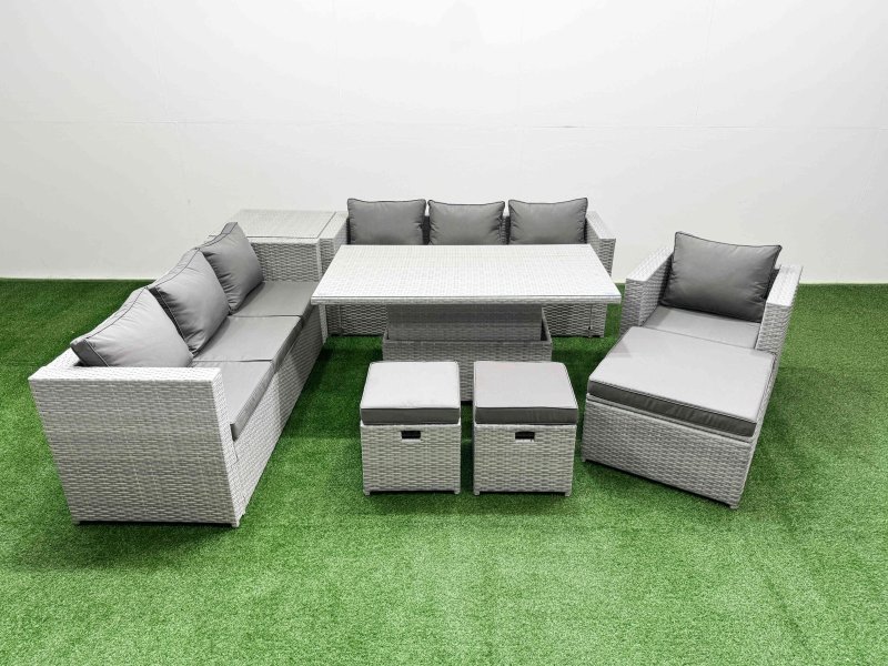 Fimous 7 PCs Rising Dining Table Set Rattan Furniture Set with 3 Seater Sofa Chair 3 Footstools Side Table Light Grey