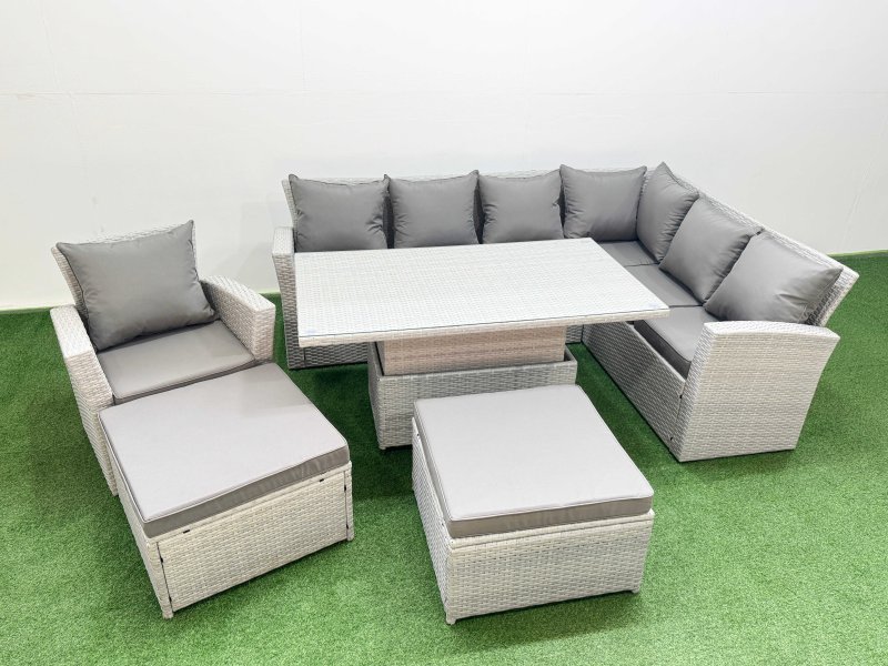 Fimous 9 Seat Rattan Garden Furniture Corner Sofa Set Outdoor Adjustable Lifting Dining or Coffee Table Set with 2 Big Footstools Light Grey